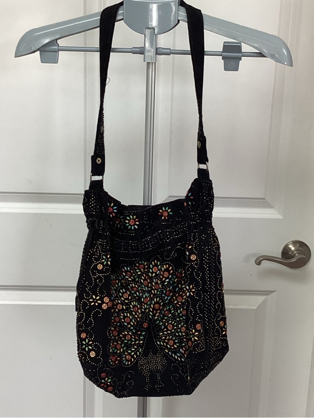 Black Beaded Shoulder Bag with Multicolor Floral Peacock Embellishment